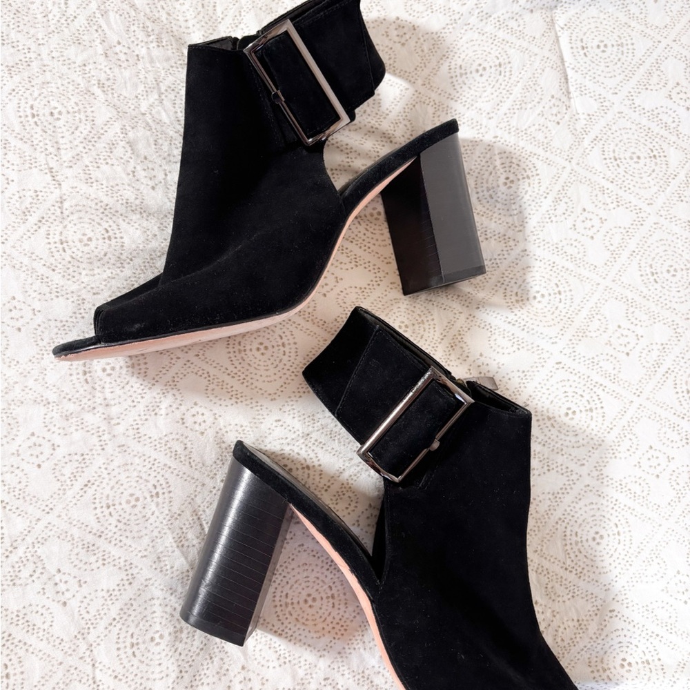 VANELI Black Suede Open Toe Ankle Booties w/Buckles
